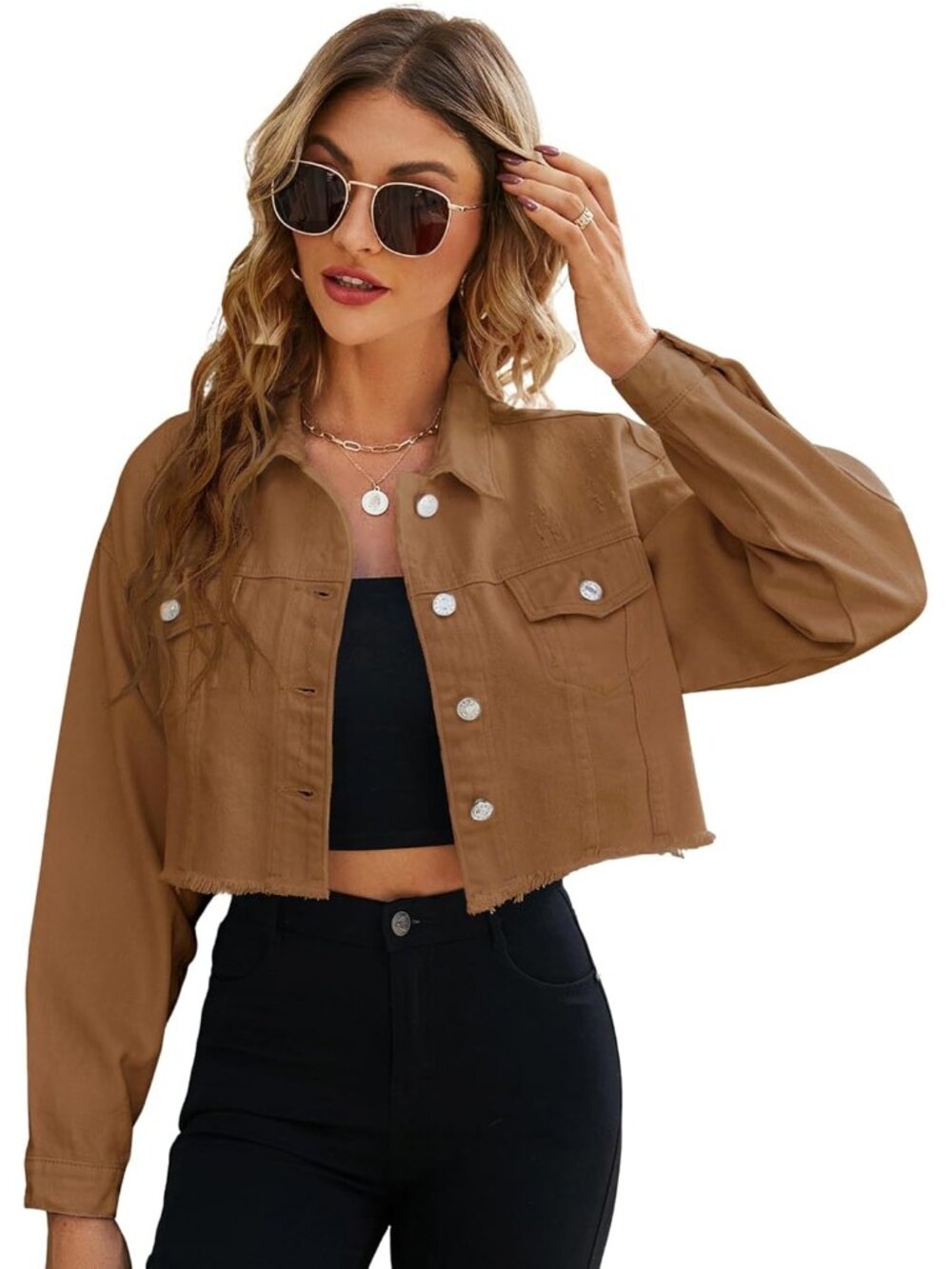 Women's Brown Denim Button Down Distressed Cropped Jean Jacket With Long Sleeve